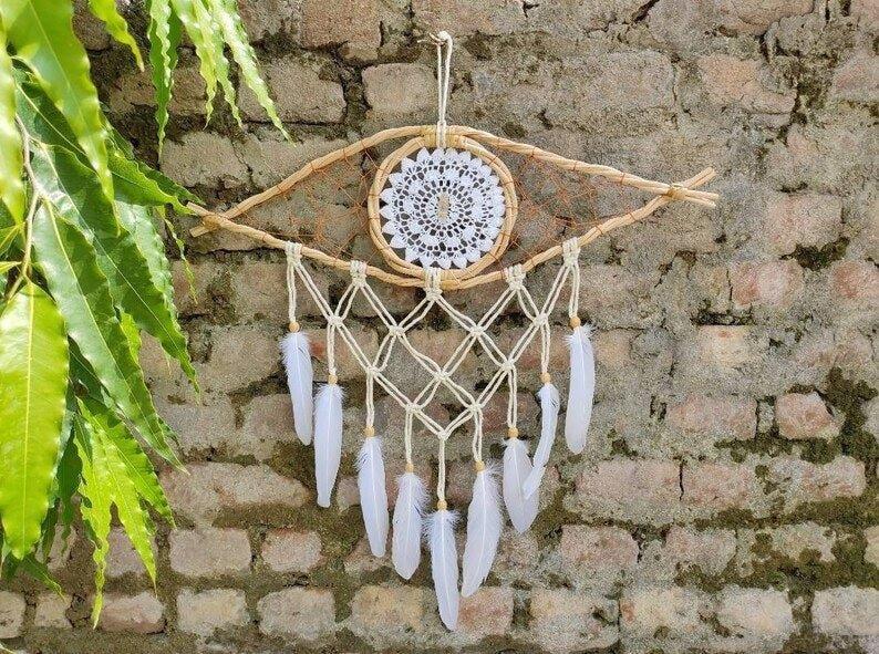 Handmade Bohemian Evil Eye Clear Quartz Crystal Macrame Dreamcatcher.