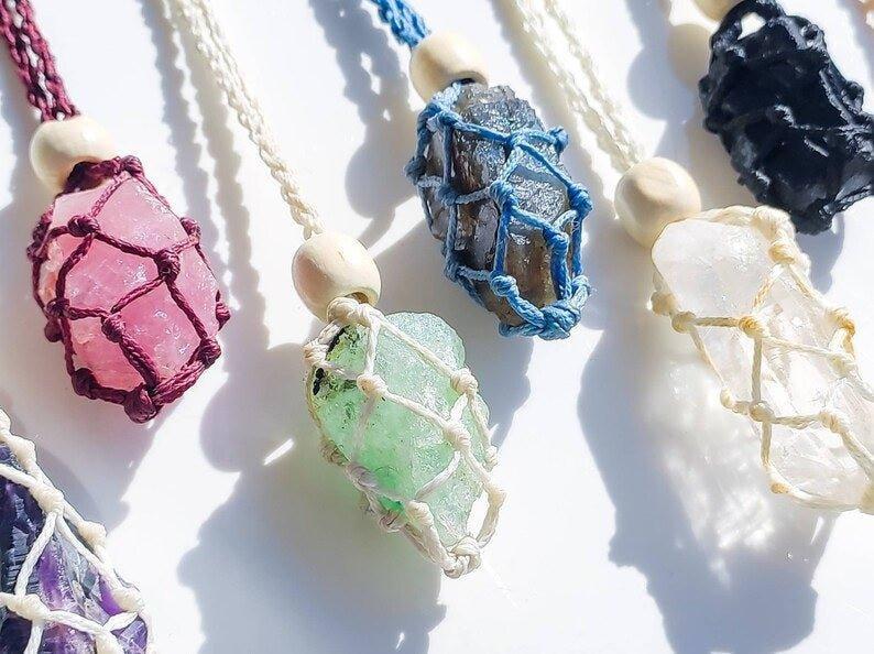Handmade Hemp Macramé Crystal Pendant Necklace.