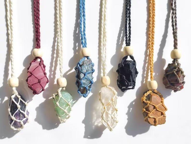 Handmade Hemp Macramé Crystal Pendant Necklace.