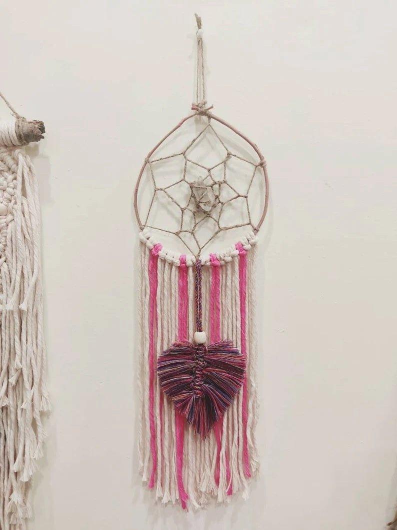 Handmade Natural Bohemian Pink & Rainbow Macrame Dreamcatcher with Raw Clear Quartz Crystal.