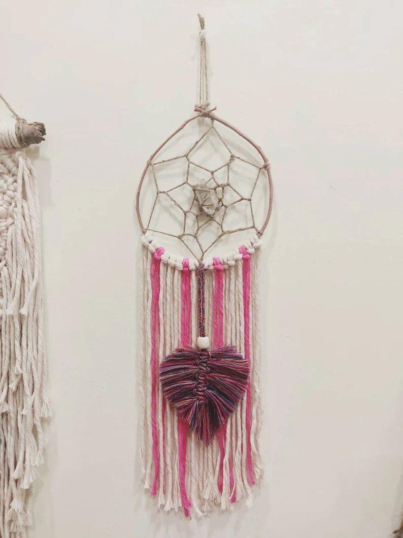 Handmade Natural Bohemian Pink & Rainbow Macrame Dreamcatcher with Raw Clear Quartz CrystalGemstones and CrystalHandmade Natural Bohemian Pink & Rainbow Macrame Dreamcatcher with Raw Clear Quartz Crystal