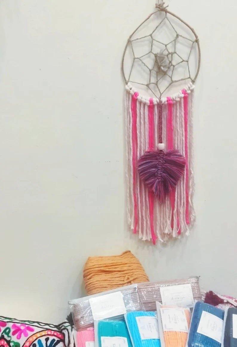 Handmade Natural Bohemian Pink & Rainbow Macrame Dreamcatcher with Raw Clear Quartz Crystal.