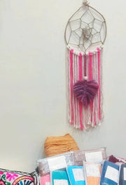 Shanti Shop - Handmade Natural Bohemian Pink & Rainbow Macrame Dreamcatcher with Raw Clear Quartz Crystal - CBD Store India