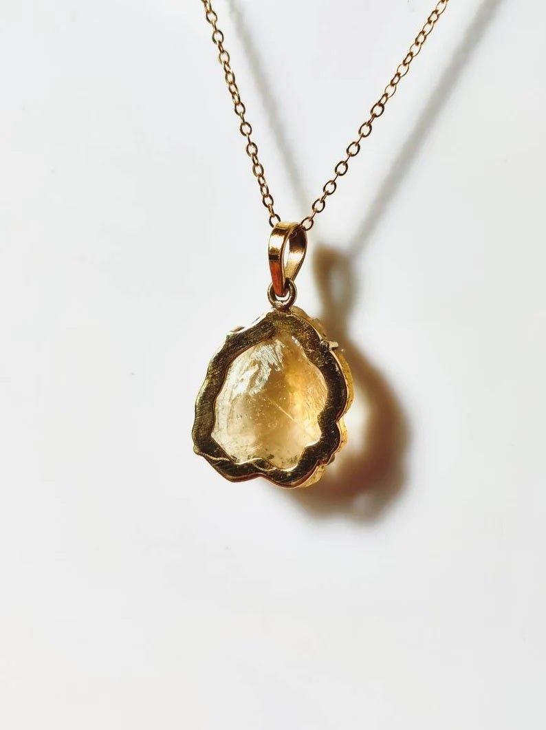 Handmade Raw Citrine Rough Stone Crystal Quartz Pendant Prong NecklaceGemstones and CrystalHandmade Raw Citrine Rough Stone Crystal Quartz Pendant Prong Necklace