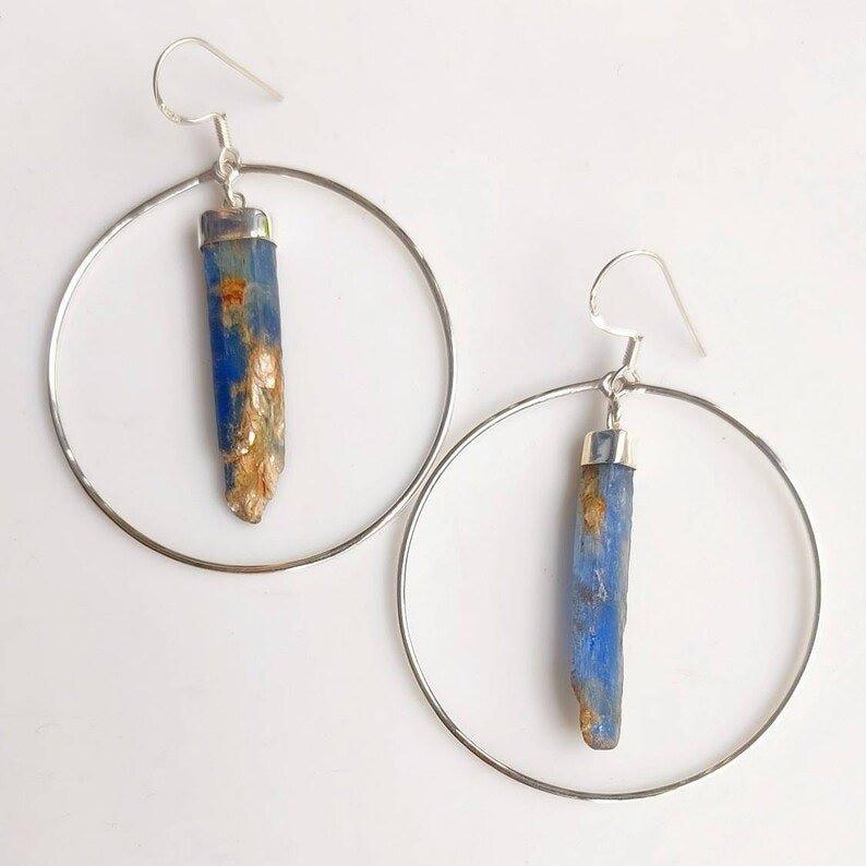 Handmade Raw Kyanite Crystal Hoop EarringsGemstones and CrystalHandmade Raw Kyanite Crystal Hoop Earrings