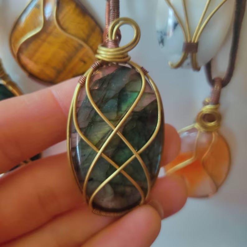 Shanti Shop - Handmade Wire Wrapped Crystal Gemstone Pendant Necklaces with LeatherGemstones and CrystalShanti Shop - Handmade Wire Wrapped Crystal Gemstone Pendant Necklaces with Leather