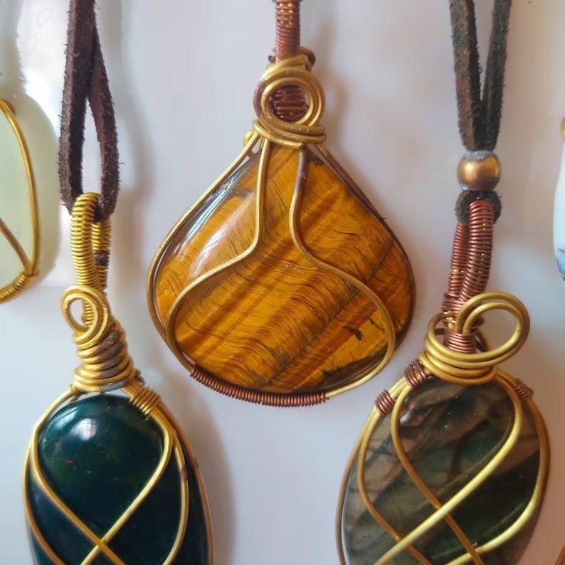Shanti Shop - Handmade Wire Wrapped Crystal Gemstone Pendant Necklaces with Leather.