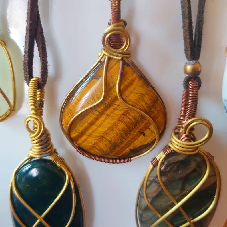 Shanti Shop - Handmade Wire Wrapped Crystal Gemstone Pendant Necklaces with LeatherGemstones and CrystalShanti Shop - Handmade Wire Wrapped Crystal Gemstone Pendant Necklaces with Leather