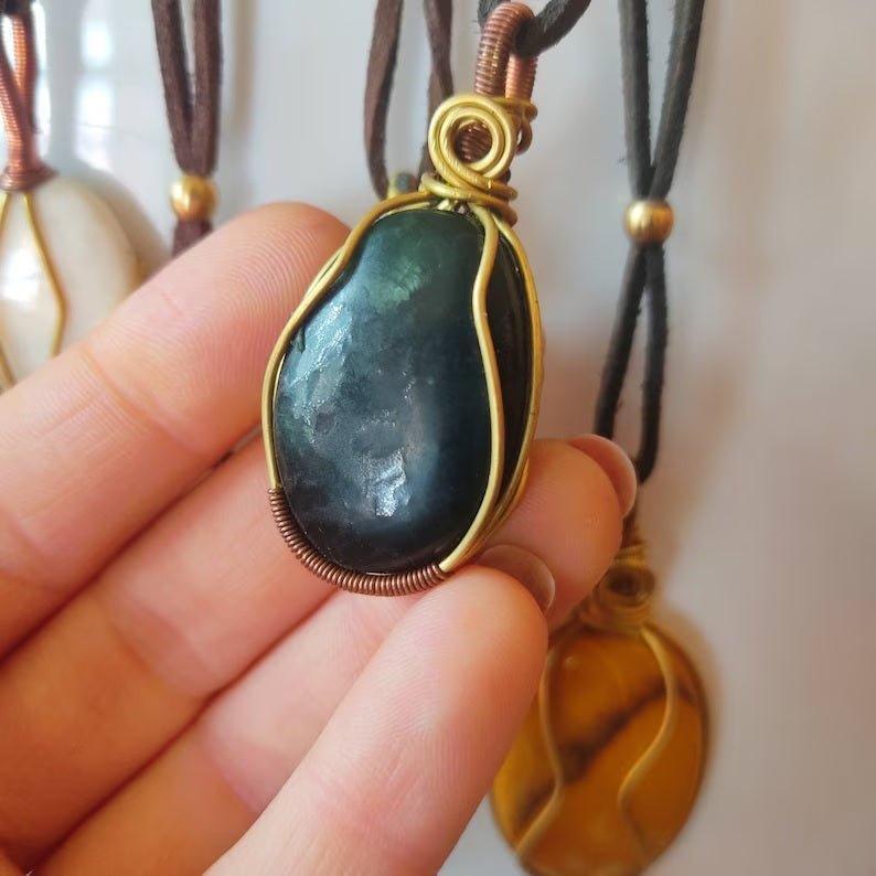 Shanti Shop - Handmade Wire Wrapped Crystal Gemstone Pendant Necklaces with Leather.