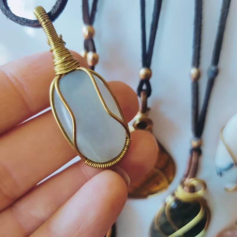 Shanti Shop - Handmade Wire Wrapped Crystal Gemstone Pendant Necklaces with Leather.