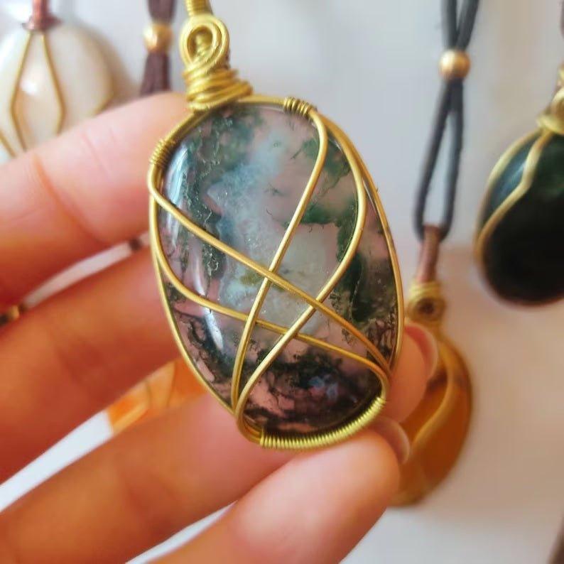 Shanti Shop - Handmade Wire Wrapped Crystal Gemstone Pendant Necklaces with Leather.