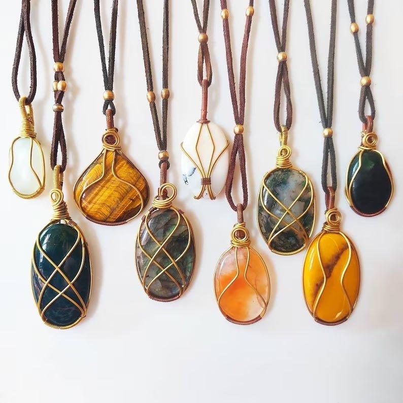 Shanti Shop - Handmade Wire Wrapped Crystal Gemstone Pendant Necklaces with LeatherGemstones and CrystalShanti Shop - Handmade Wire Wrapped Crystal Gemstone Pendant Necklaces with Leather