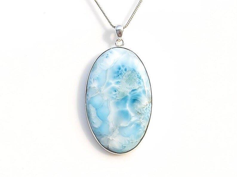 High Quality Handmade Oval-Shaped Larimar Pendant Necklace with Sterling Silver.