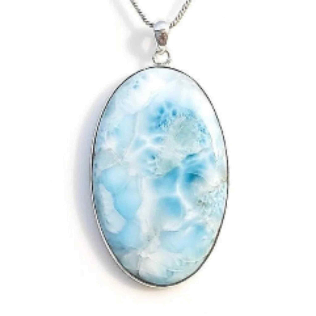 High Quality Handmade Oval-Shaped Larimar Pendant Necklace with Sterling SilverGemstones and CrystalHigh Quality Handmade Oval-Shaped Larimar Pendant Necklace with Sterling Silver