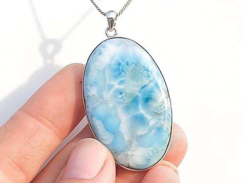 High Quality Handmade Oval-Shaped Larimar Pendant Necklace with Sterling Silver.
