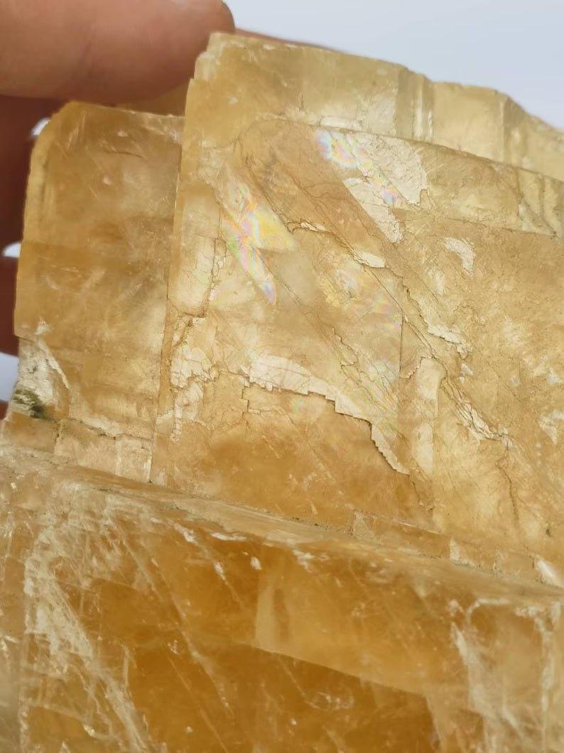 High Quality XL Yellow Rhombohedron Optical Honey Calcite with Rainbows.