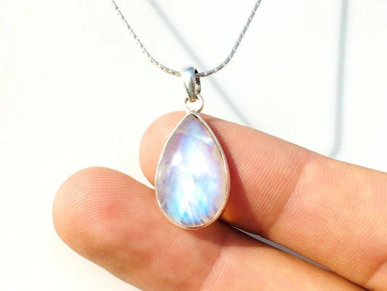 Indian Rainbow Moonstone Tear Drop Pendant Necklace.