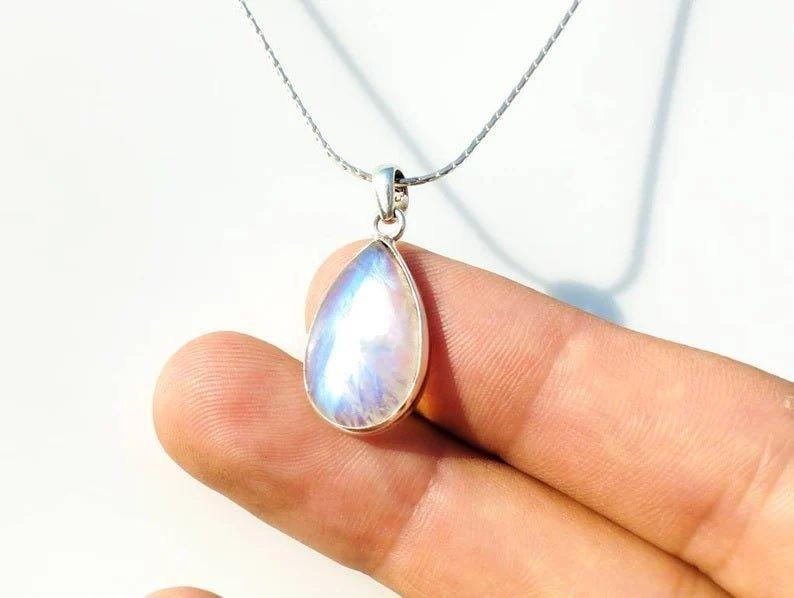 Indian Rainbow Moonstone Tear Drop Pendant Necklace.