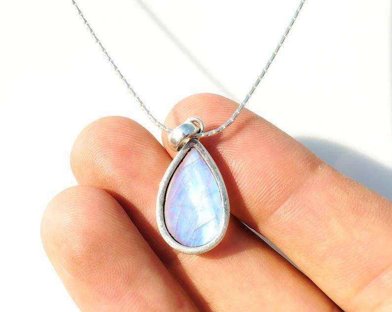 Indian Rainbow Moonstone Tear Drop Pendant Necklace.