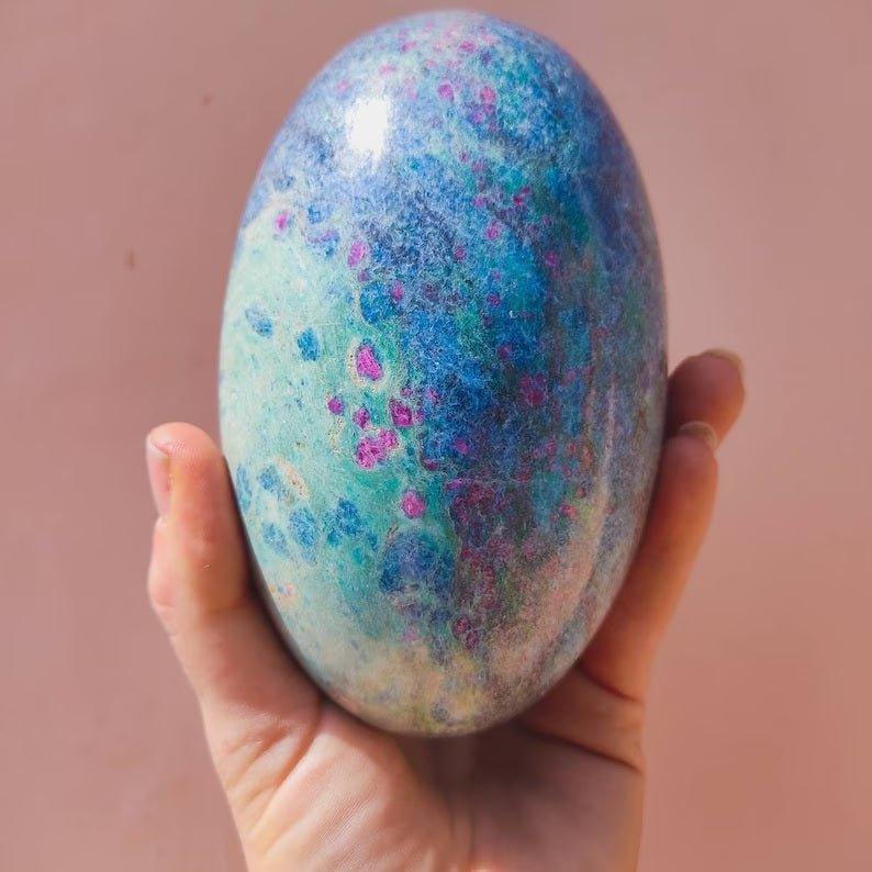Large Ruby, Fuchsite & Kyanite Crystal Egg.