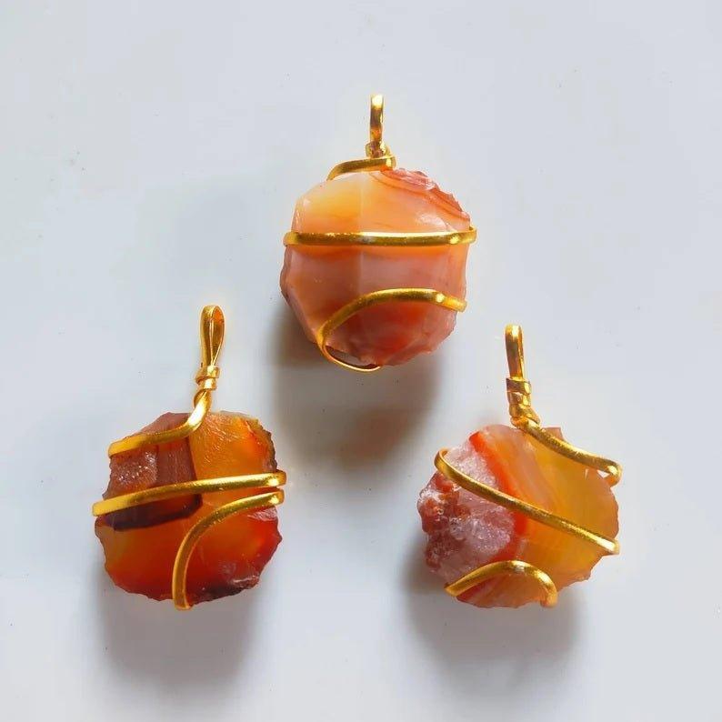 Natural Raw Carnelian Wire Wrapped Pendant Necklaces.