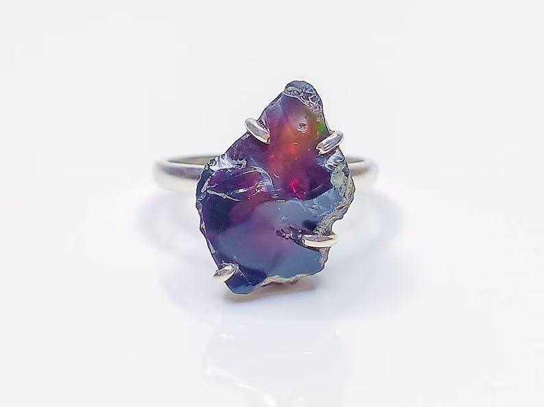Rare Raw Black Fire Opal Uncut Rough Stone Crystal RingGemstones and CrystalRare Raw Black Fire Opal Uncut Rough Stone Crystal Ring