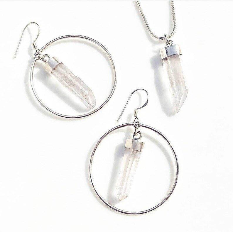 Raw Clear Quartz Crystal Point Hoop Earrings & Pendant Necklace Set.
