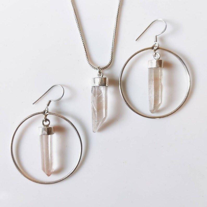 Raw Clear Quartz Crystal Point Hoop Earrings & Pendant Necklace Set.