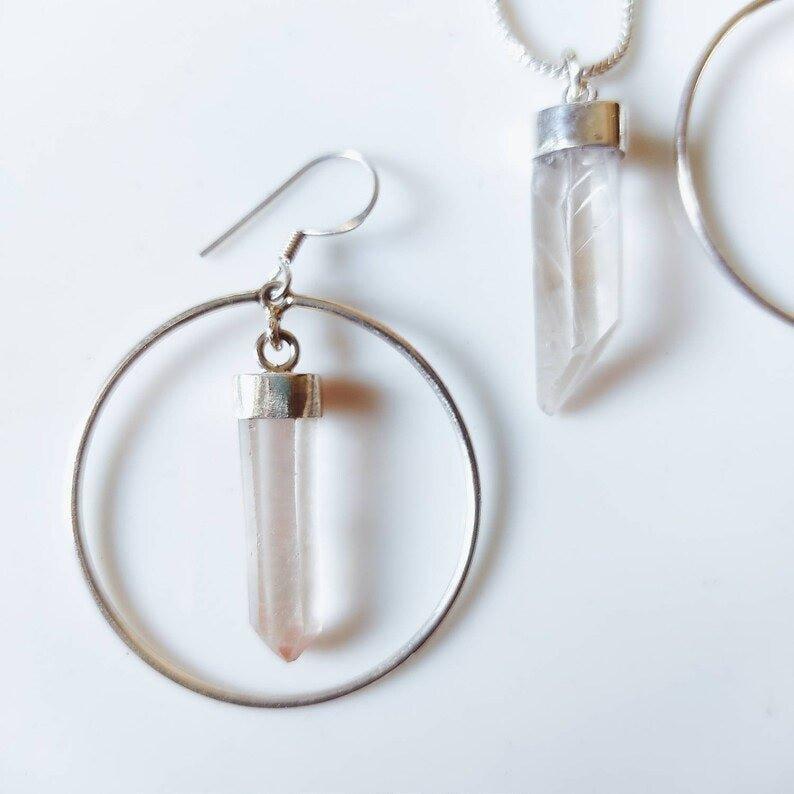 Raw Clear Quartz Crystal Point Hoop Earrings & Pendant Necklace Set.