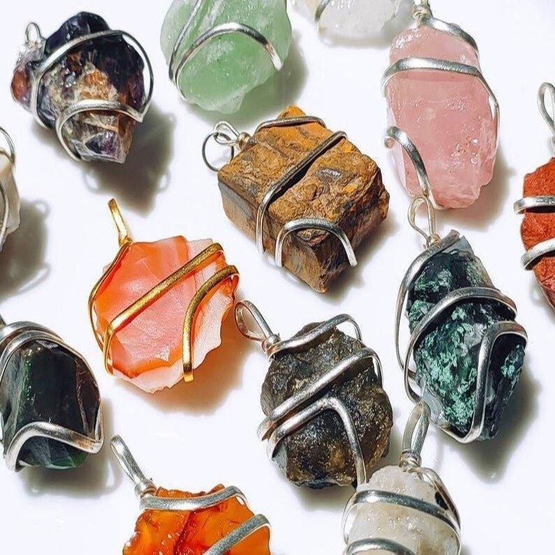 Raw Crystal Wire Wrapped Pendant Necklaces.