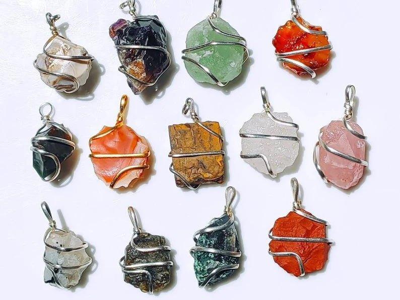 Raw Crystal Wire Wrapped Pendant Necklaces.
