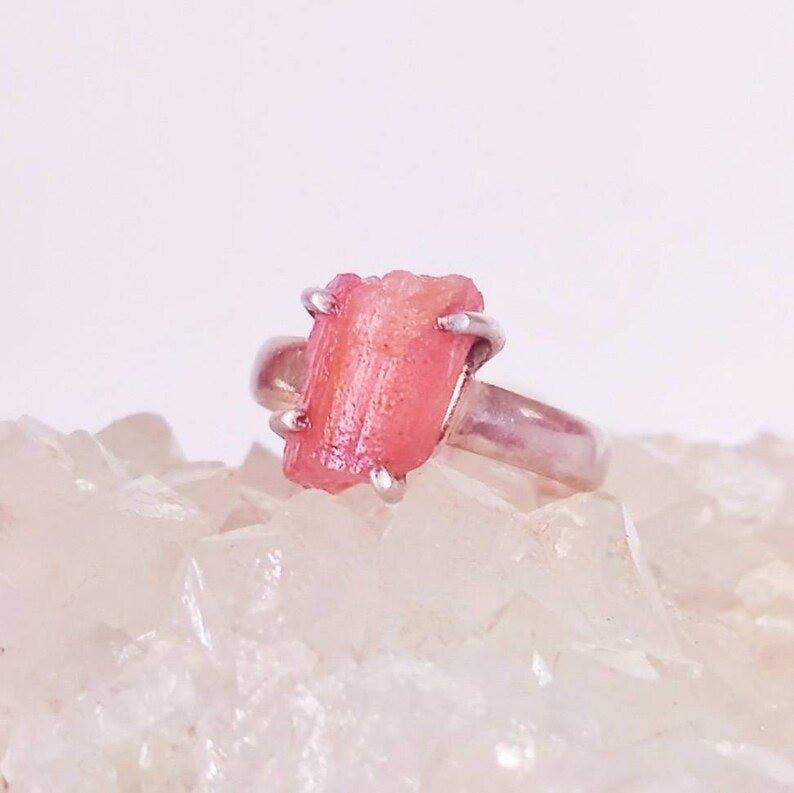 Raw Uncut Pink Sunstone Rough Crystal Gemstone Prong RingGemstones and CrystalRaw Uncut Pink Sunstone Rough Crystal Gemstone Prong Ring