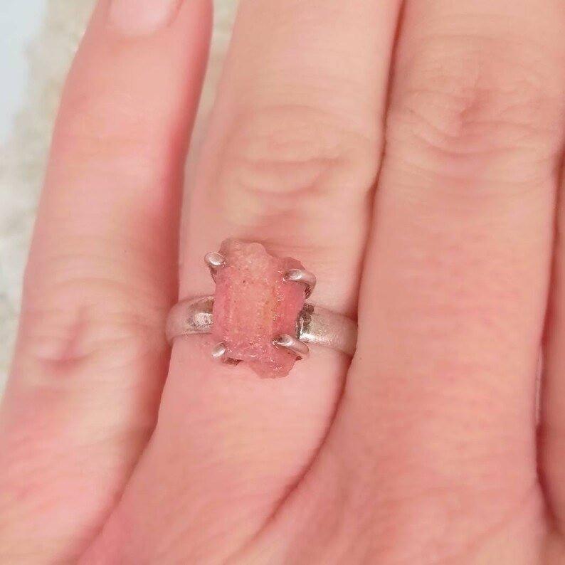 Raw Uncut Pink Sunstone Rough Crystal Gemstone Prong RingGemstones and CrystalRaw Uncut Pink Sunstone Rough Crystal Gemstone Prong Ring