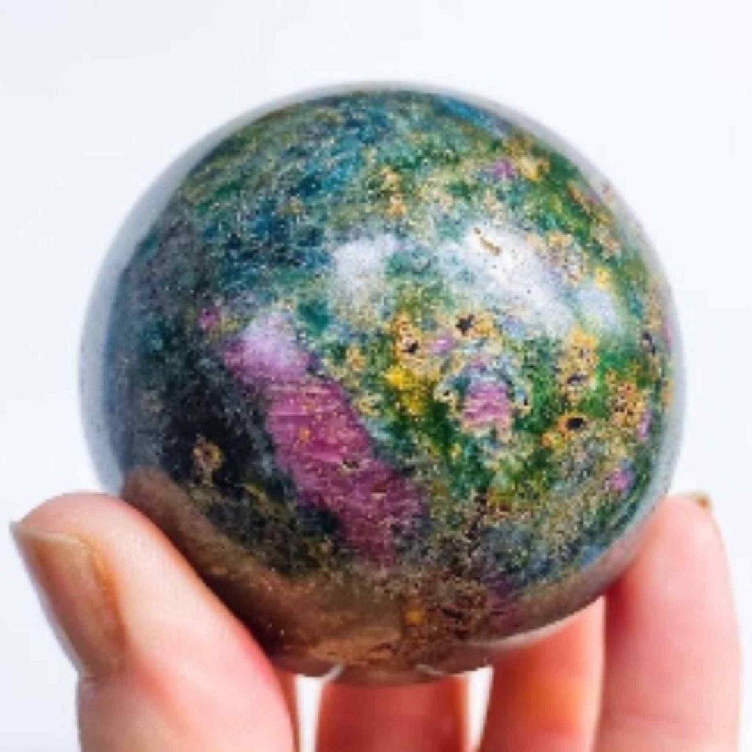 Ruby, Fuchsite & Kyanite Mineral Spheres, Beautiful Fuchsite Mineral OrbGemstones and CrystalRuby, Fuchsite & Kyanite Mineral Spheres, Beautiful Fuchsite Mineral Orb
