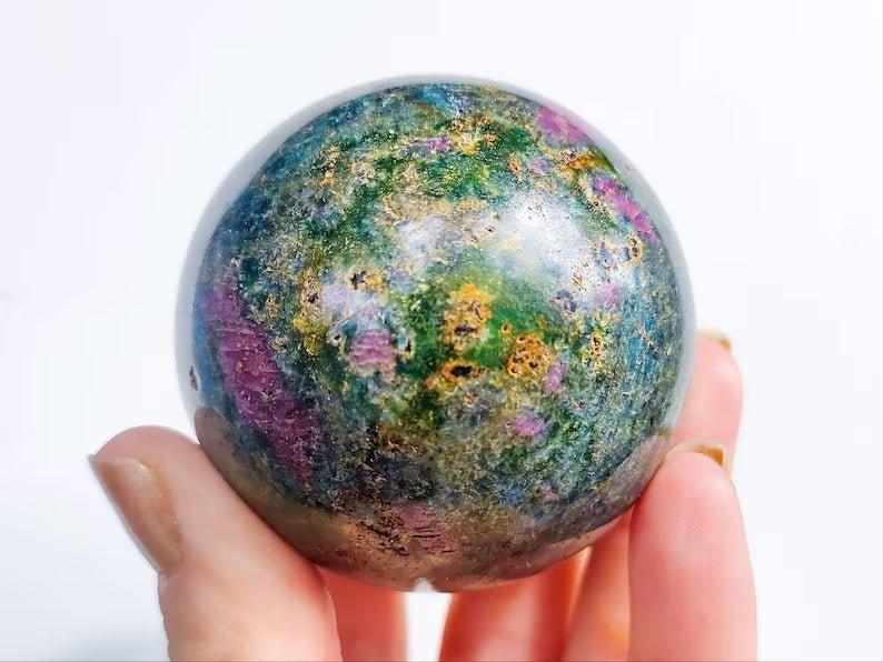 Ruby, Fuchsite & Kyanite Mineral Spheres, Beautiful Fuchsite Mineral OrbGemstones and CrystalRuby, Fuchsite & Kyanite Mineral Spheres, Beautiful Fuchsite Mineral Orb
