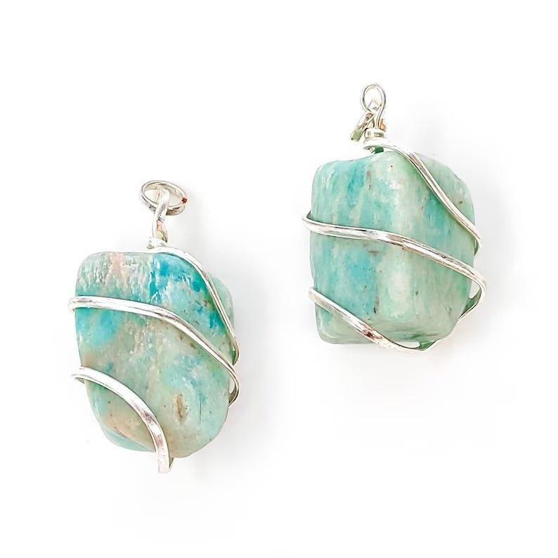 Wire Wrapped Raw Amazonite Crystal Pendant Necklaces.