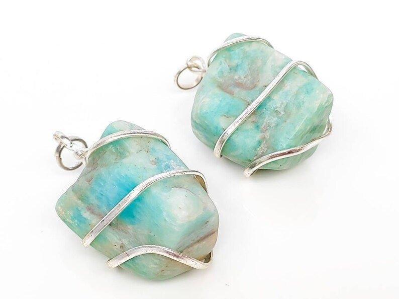 Wire Wrapped Raw Amazonite Crystal Pendant Necklaces.