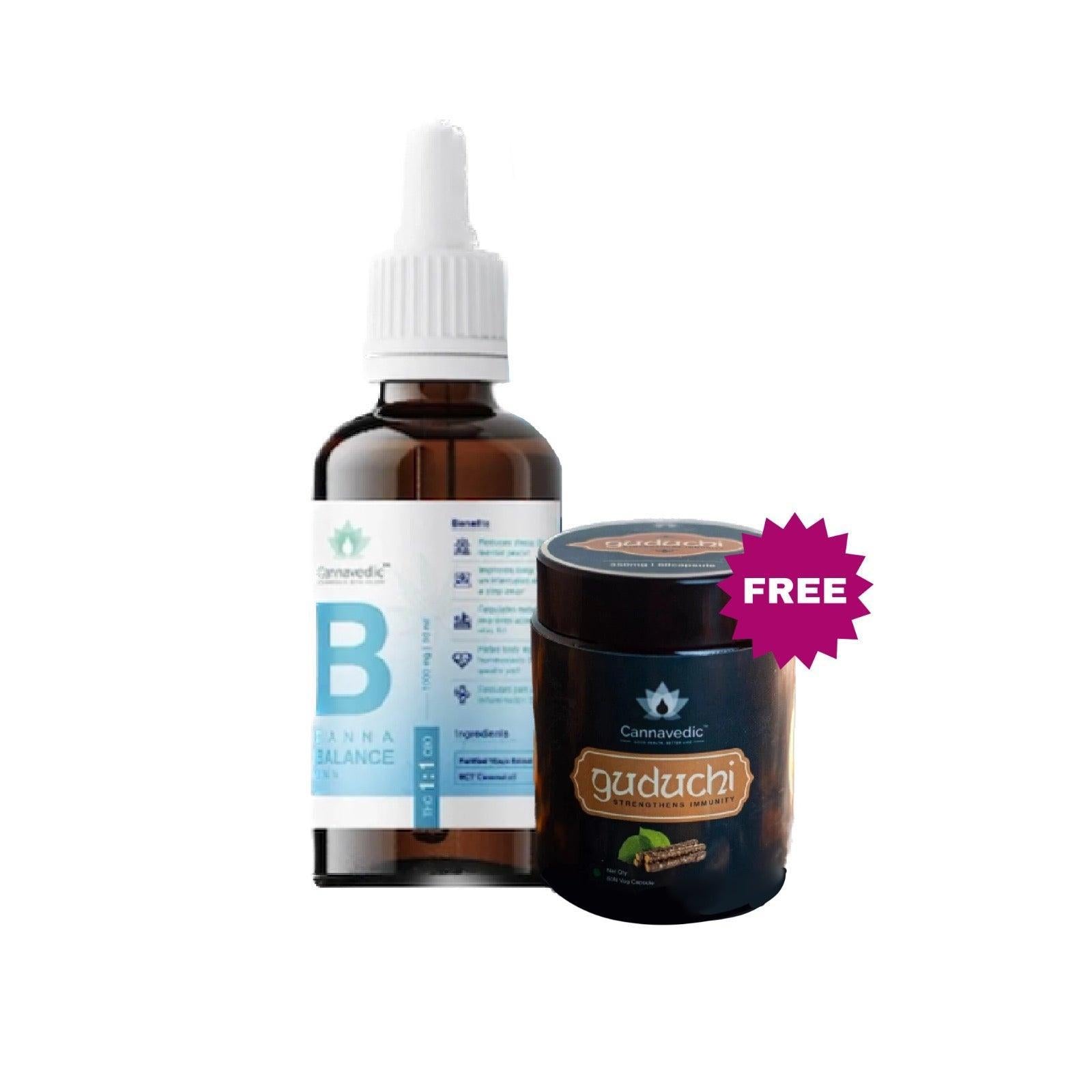 Special Offer - Free Cannavedic Guduchi Capsules Immunity booster with CannnaBalance THC+CBD Oil (1:1|THC:CBD)1000mg,10ml.