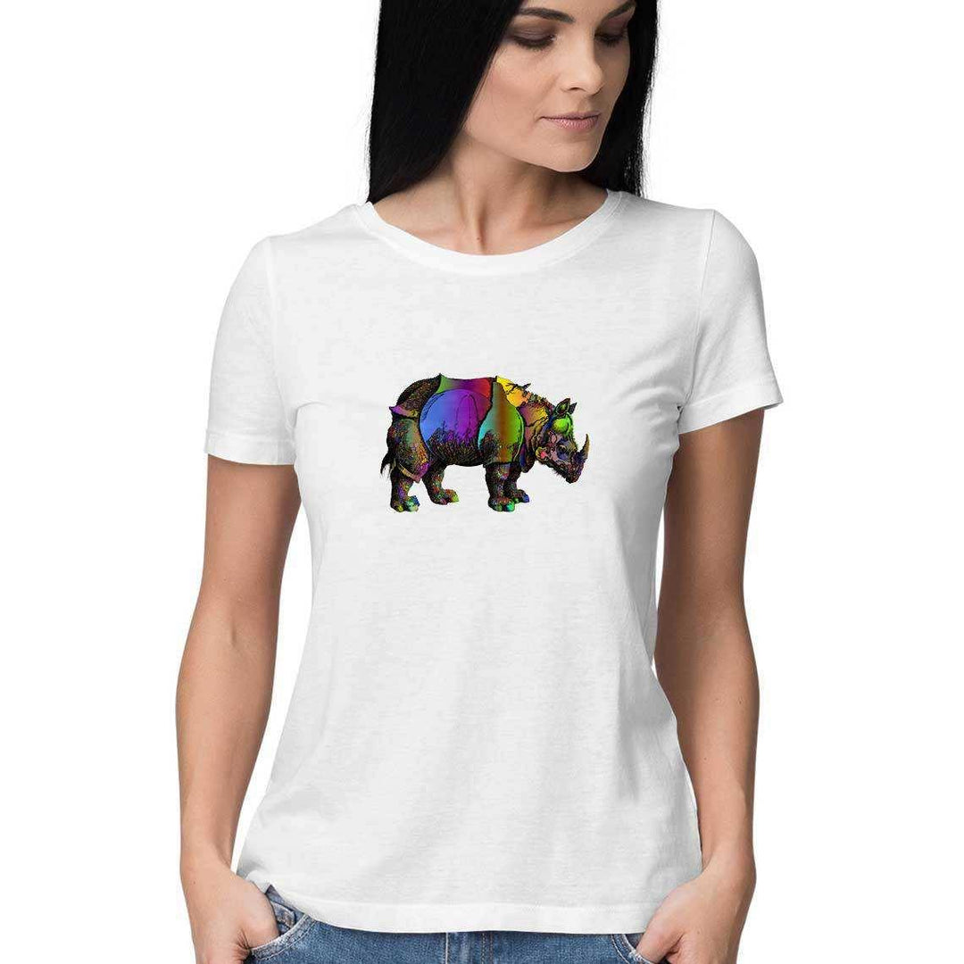 The Rhino charged through a Rainbow Women's Graphic T-ShirtClothingRhino Women's Graphic T-Shirt | 100% Cotton, Casual Wear